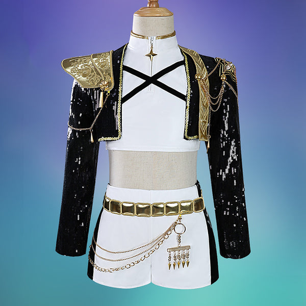 Kids Size KPop Demon Hunters HUNTR/X Rumi Black Golden Dance Outfit Cosplay Costume