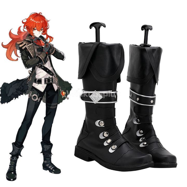 Genshin Impact Diluc Black Shoes Cosplay Boots - Winkcosplay