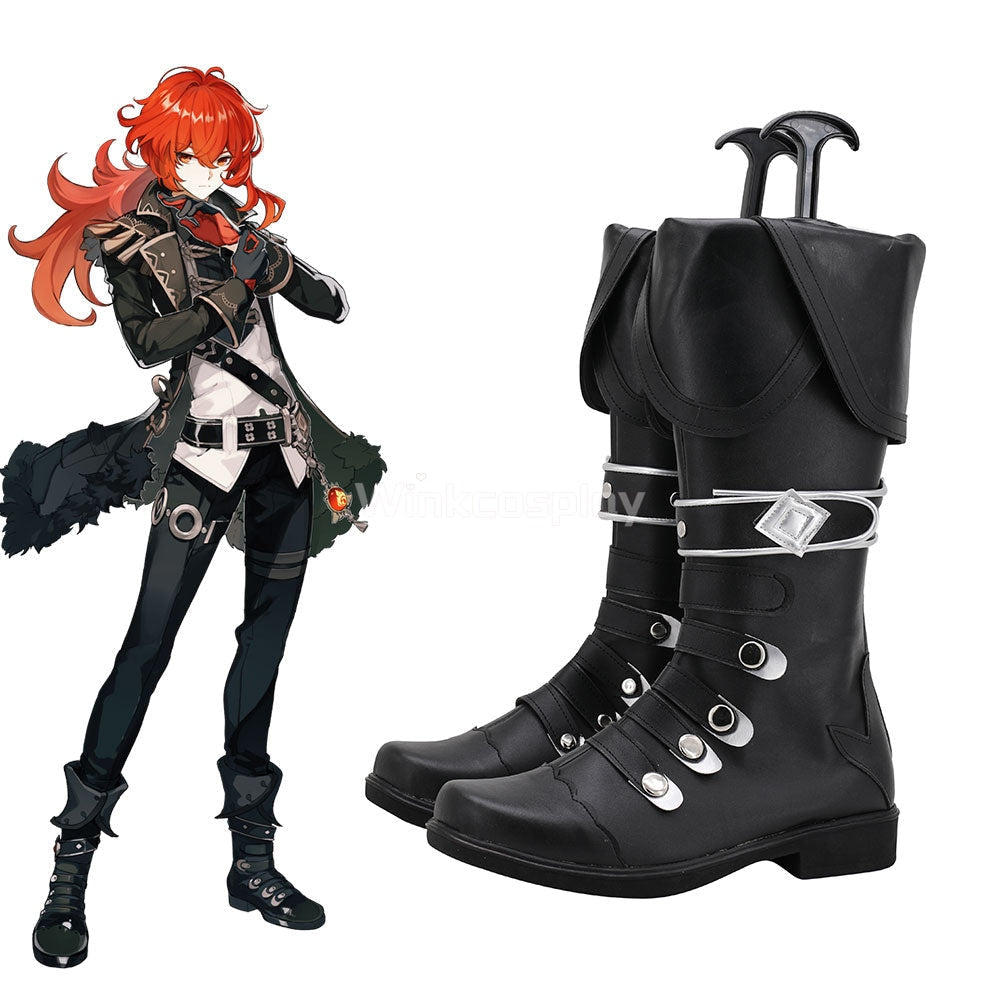 Genshin Impact Diluc Black Shoes Cosplay Boots - Winkcosplay