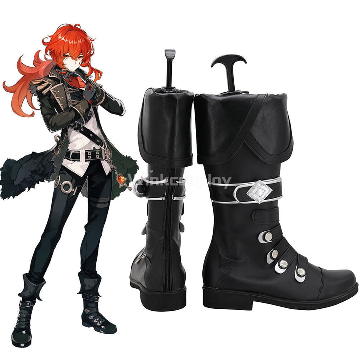 Genshin Impact Diluc Black Shoes Cosplay Boots - Winkcosplay