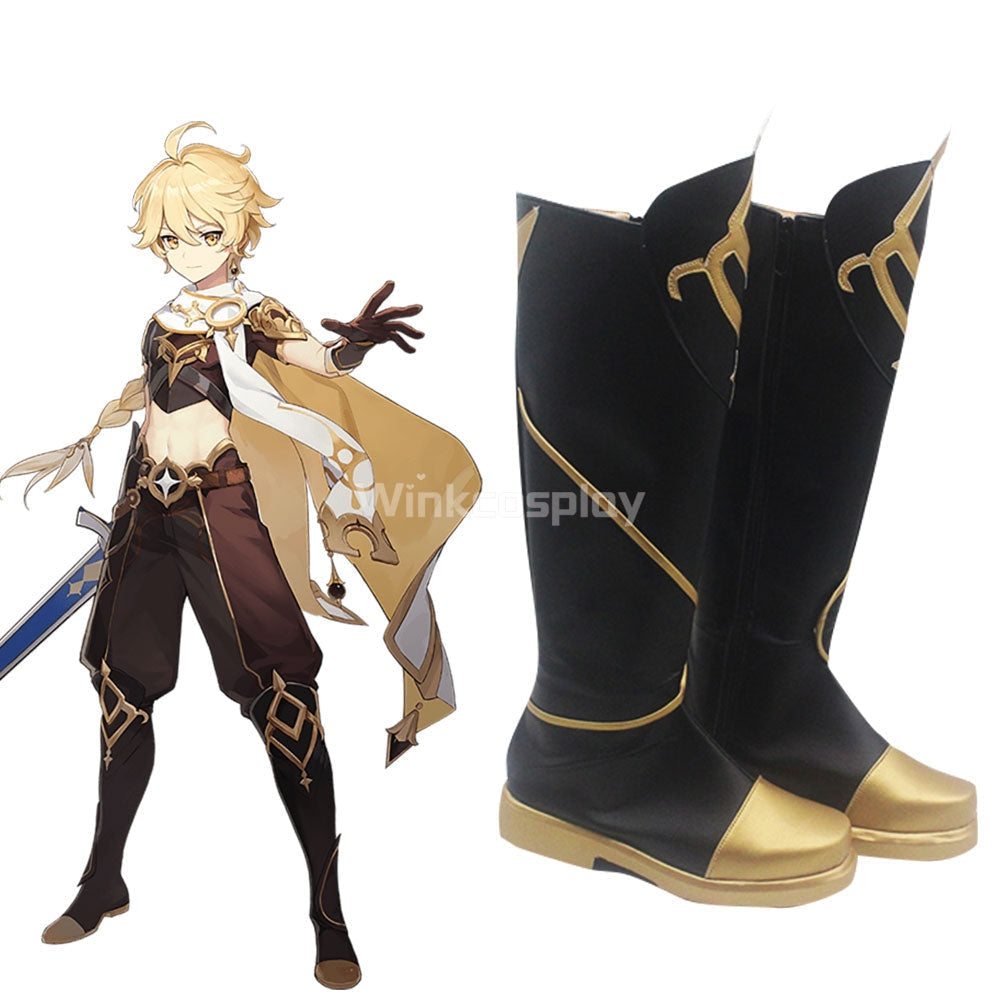 Genshin Impact Player Male Traveler Aether Black Shoes Cosplay Boots - Winkcosplay