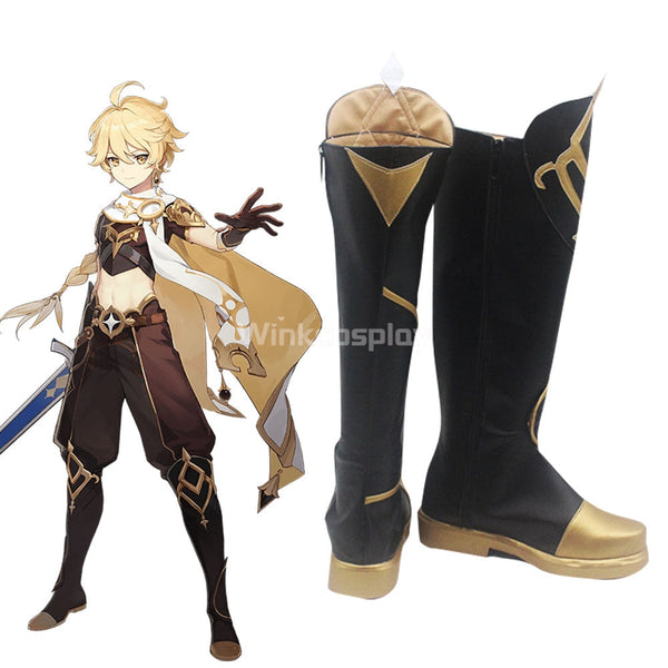 Genshin Impact Player Male Traveler Aether Black Shoes Cosplay Boots - Winkcosplay