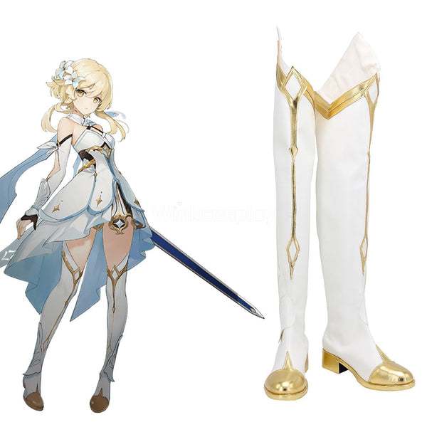 Genshin Impact Player Female Traveler Lumine White Shoes Cosplay Boots - Winkcosplay