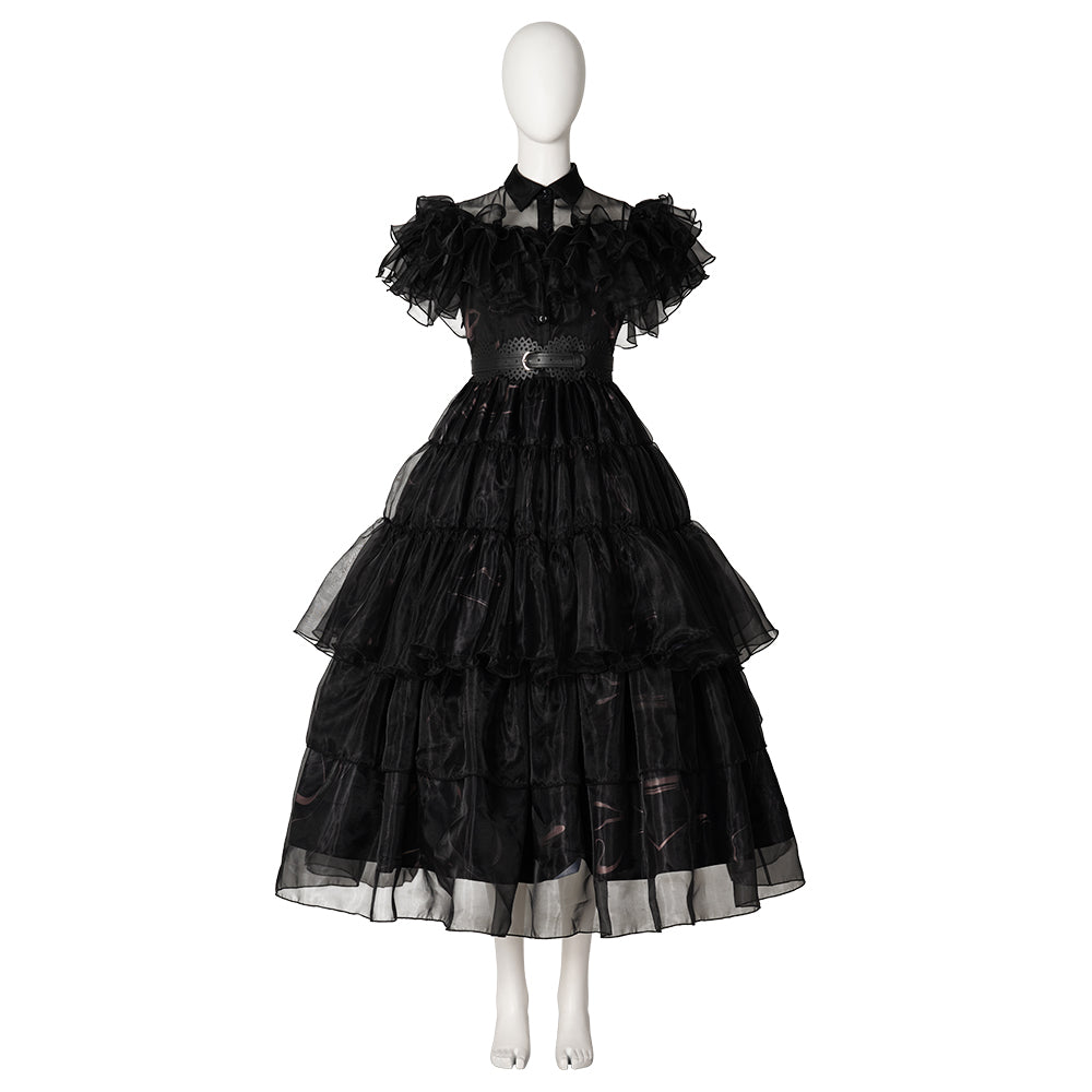 Wednesday 2022 Netflix Addams Family Wednesday Addams Black Ruffle Gown Cosplay Costume - Premium Version